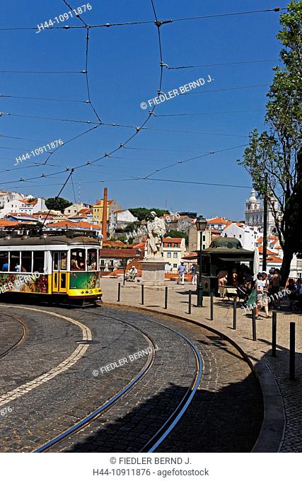 Portugal, Europe, Lisbon, Lisboa, Alfama, Rua do Limoeiro, Largo the Portas do Sol, historical, streetcar, line 28, building, construction, roofs, trees, plants