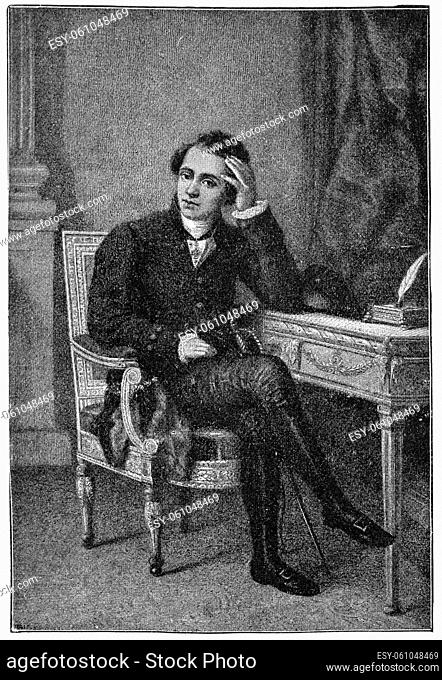 Portrait of Karl Seydelmann as Carlos from five-act tragedy of Clavigo. Karl Seydelmann - a German theater actor. Illustration of the 19th century