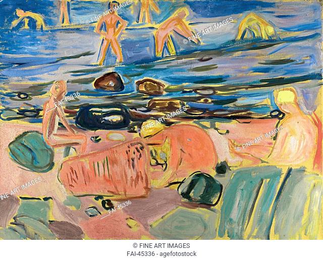 Boys bathing by Munch, Edvard (1863-1944)/Oil on canvas/Symbolism/1932-1933/Norway/Private Collection/68x90/Genre/Painting/Badende Knaben von Munch