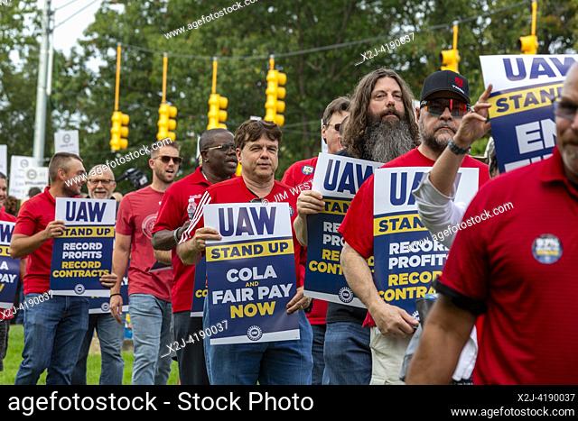 Auburn Hills, Michigan USA - 20 September 2023 - Members of the United Auto Workers hold a practice picket at Stellantis headquarters during their strike...