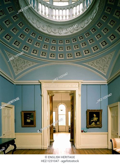 The Marble Hall, Kenwood House, Hampstead, London, 1989. Room with circular ceiling and balcony above. The ornate moulding is decorated in blue and white