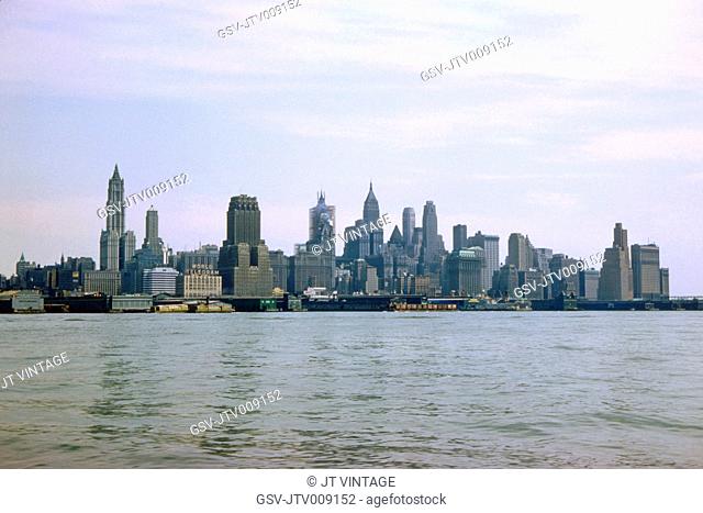 Skyline, Financial District and Battery, View from Hudson River, Manhattan, New York City, New York, USA, August 1959