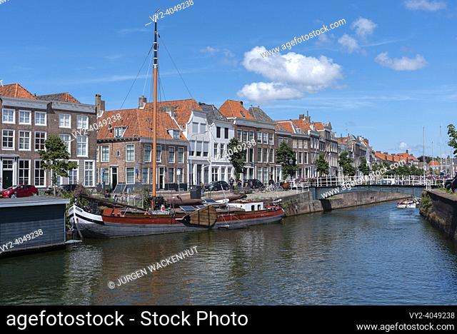 Cityscape with traditional flat-bottomed sailing boats on the Bierkaai, , Middelburg, Zeeland, Netherlands, Europe