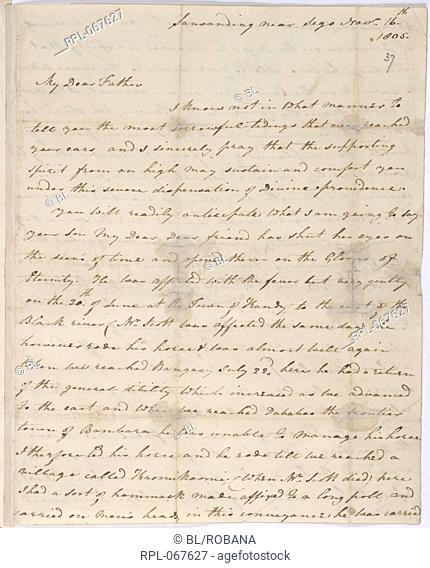 Letter of Mungo Park, Whole folio Part of an autograph letter of Mungo Park, the last letter to his father-in-law, Thomas Anderson, of Selkirk