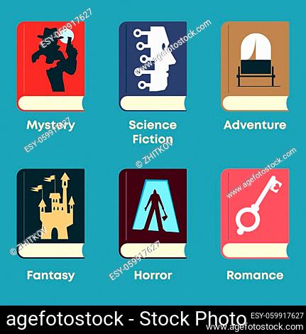 Set of books with themed covers: mystery, science fiction, adventure, fantasy, horror, romance