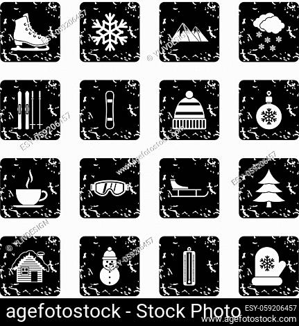 Winter set icons in grunge style isolated on white background. Vector illustration