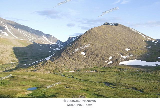 Valley with lake in the Ural mountains, northern R
