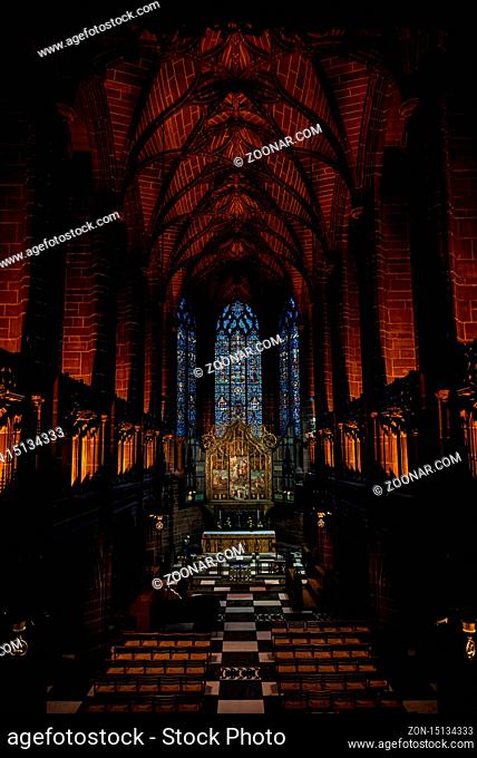 LIVERPOOL, ENGLAND, DECEMBER 27, 2018: The Lady Chapel in Liverpool Anglican Cathedral. Perspective view of a magnificent part inside the church