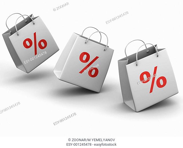 Shopping bags with percent. 3d