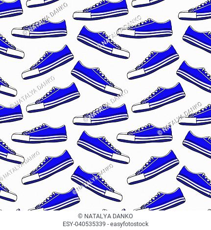 blue textile youth shoes with white laces, seamless pattern isolated on white background