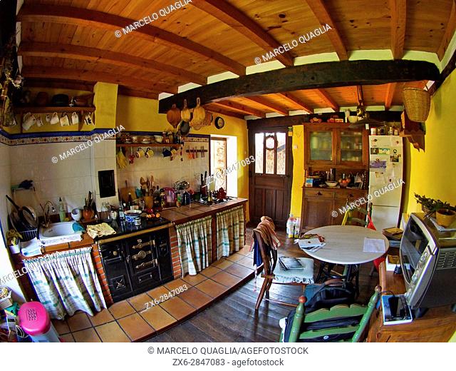 Kitchen. Pisón de Fondón organic farmhouse. Villandás village. Grado council. Asturias autonomous community. Spain