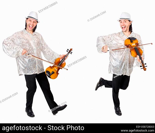 Young man playing violin isolated on white