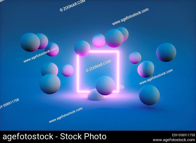 3d render of neon frame with balls around it. modern technology concept. High quality 3d illustration