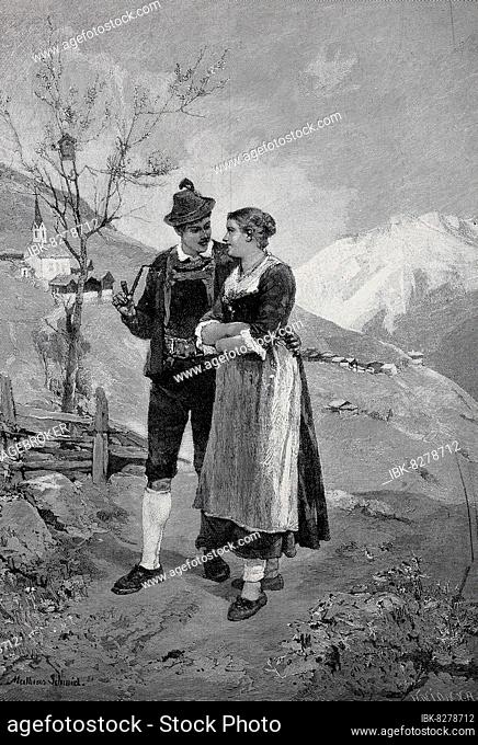 Junges Liebespaar beim Spaziergang im Frühling im Gebirge, im Hintergrund eine Kirche und ein Bergdorf, Tracht, Österreich, 1898, Historisch