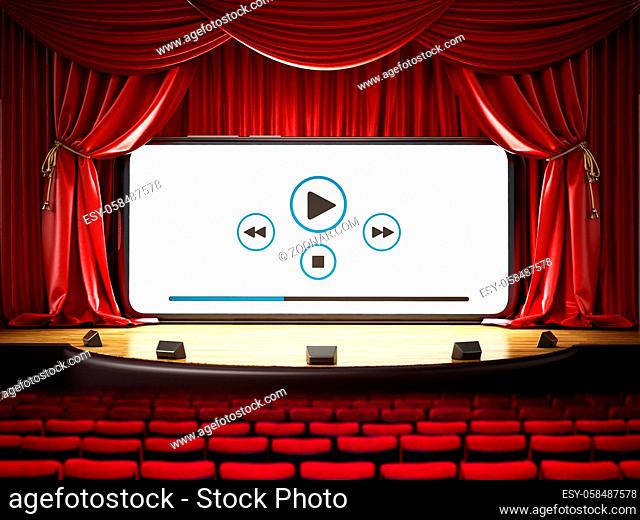 Smartphone with media control icons at the stage among red curtains. 3D illustration