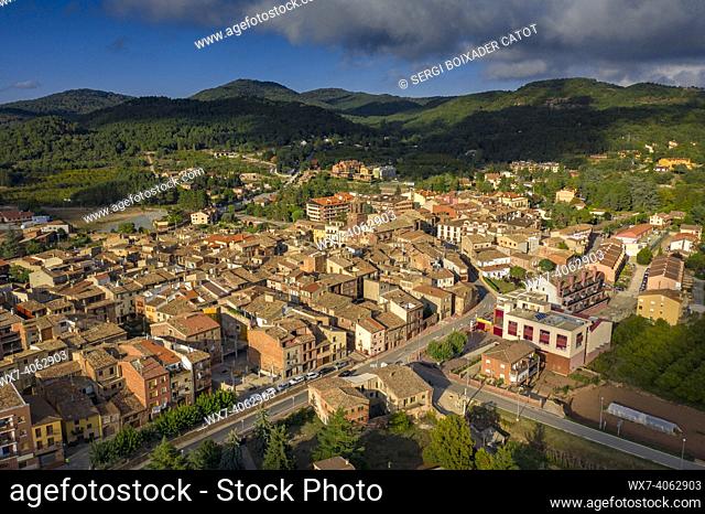Aerial view of the town of Prades and its rural surroundings and the Prades mountains (Baix Camp, Tarragona, Catalonia, Spain)