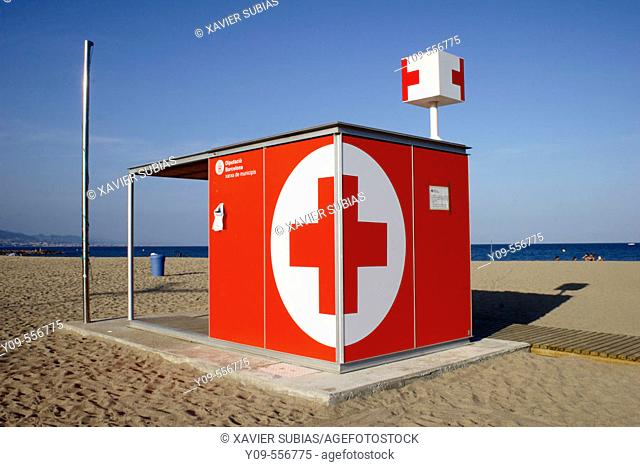 Beach and Red Cross cabin.. Sant Adrià del Besòs. Barcelona, Spain