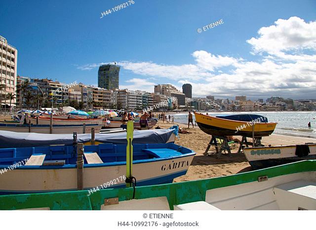Gran Canaria, Canary islands, Spain, Europe, Las Palmas, beach, seashore, town, city, tourism, fishing boats