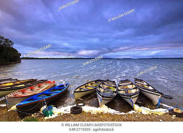 Boats moored up on the shore of Lough Owel near Mullingar, County Westmeath, Ireland