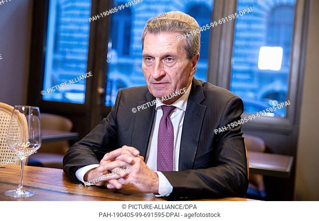 03 April 2019, Berlin: Günther Oettinger (CDU), EU Commissioner for Budget and Personnel, in a dpa interview. Photo: Kay Nietfeld/dpa
