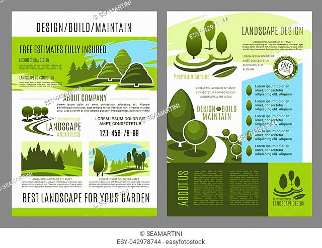 Landscape design brochure template for landscaping build and maintain service or eco environment company. Vector park trees or garden horticulture and green...