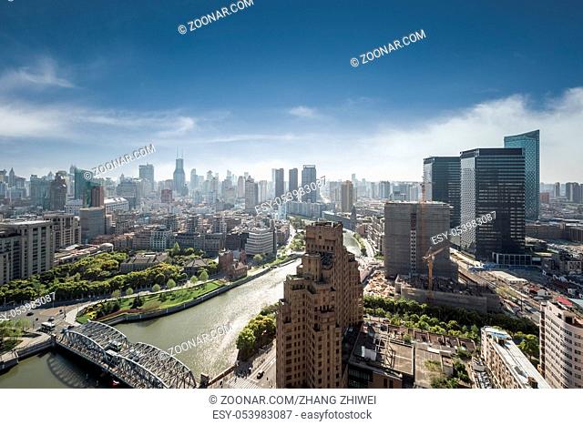 shanghai cityscape, high angle view, beautiful scenery on both sides of the suzhou river