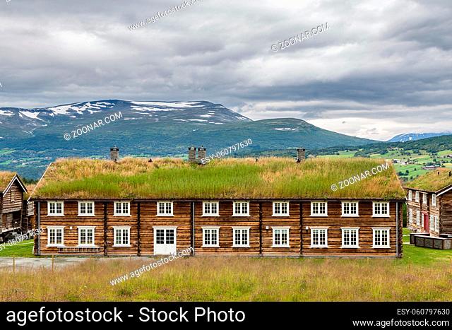Traditional wooden houses with roof covered with grass, plants and flowers in Oppdal in Norway, Scandinavia
