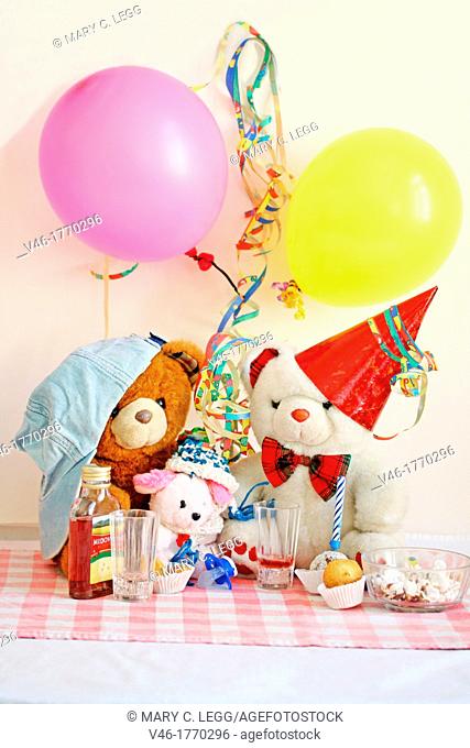 Teddy Bear Birthday Party  Three bears have a birthday party with cake, popcorn and mead  A white bear with red party hat and brown bear with light blue jeans...