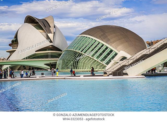 In the foreground Hemisferic. In the background Queen Sofia Arts Palace. City of Arts and Sciences . Architect Santiago Calatrava. Valencia