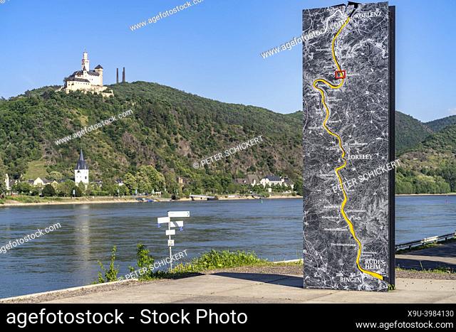 Tablet with a map of the rhine valley between Koblenz and Bingen, the rhine river and Marksburg castle near Braubach, world heritage Upper Middle Rhine Valley
