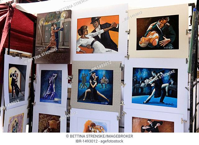 Paintings of Tango dancers, San Telmo Antiques Market, Plaza Dorrego, Buenos Aires, Argentina, South America