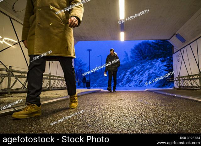 Stockholm, Sweden People walking in a pedestrian tunnel in the Danderyd susburb