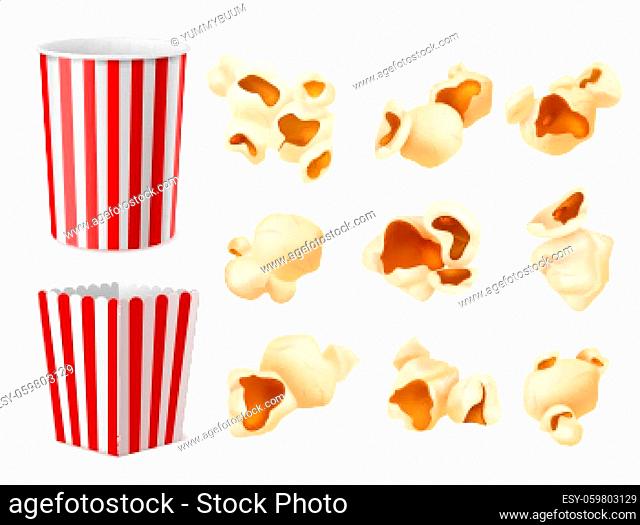 Realistic popcorn. Food packaging, corn flakes paper box and bucket, large cup, fluffy souffles corns different angles view, watching movies snacks