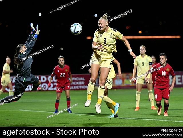 Belgium's Ella Van Kerkhoven scores a goal during the match between Belgium's national women's soccer team the Red Flames and Armenia, in Yerevan, Armenia