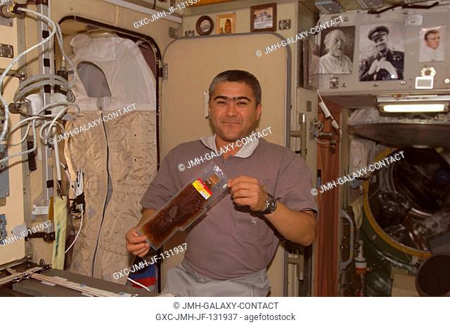 Cosmonaut Salizhan S. Sharipov, Expedition 10 flight engineer representing Russia's Federal Space Agency, holds a package of food near the galley in the Zvezda...