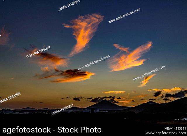 cloud formations at sunset, volcanic landscape, lanzarote, canaries, canary islands, spain, europetahiche