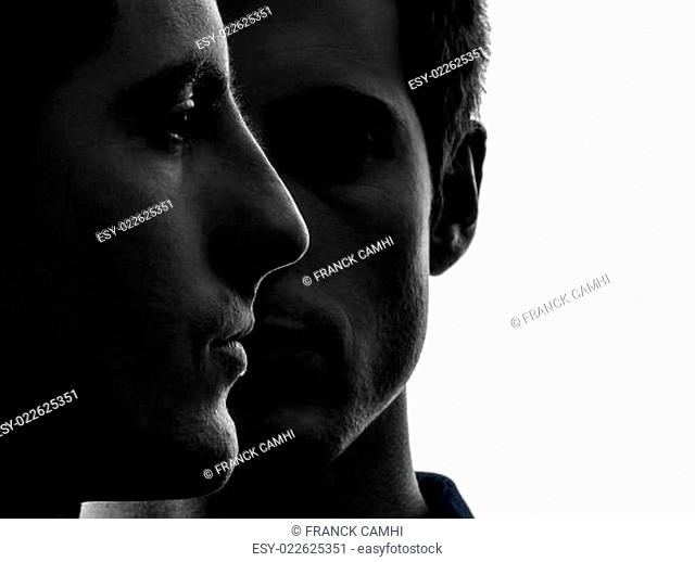 close up portrait two men twin brother friends silhouette