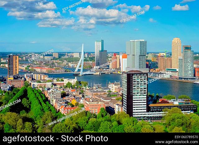 View of Rotterdam city and the Erasmus bridge Erasmusbrug over Nieuwe Maas river from Euromast