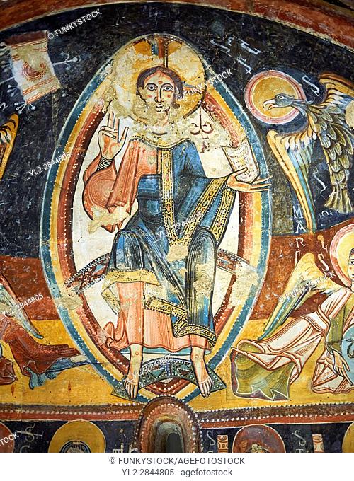 Romanesque frescoes depicting Christ Pantocrator from the Church of Sant Miguel dâ. . Engolasters, Les Escaldes, Andorra. . Painted around 1160