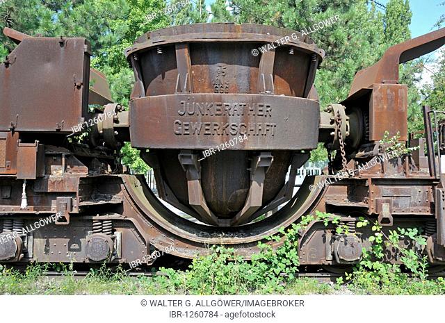 Rusty wagon for iron melt, Landschaftspark Duisburg-Nord landscape park, a former Thyssen blast furnace plant in Meiderich, Duisburg, North Rhine-Westphalia