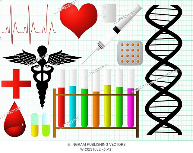 Illustrated medical objects including dna syringe and heartbeat