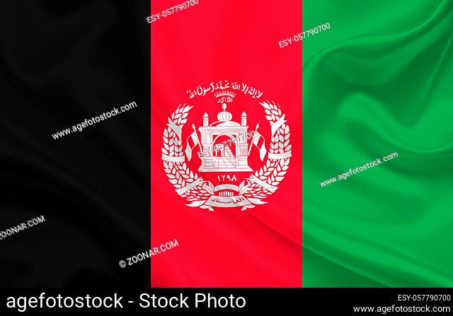 Afghanistan country flag on wavy silk fabric background panorama - illustration