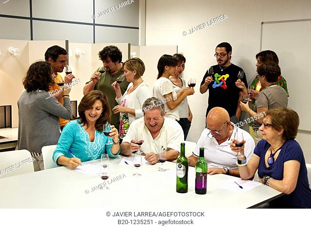 Consumers tasting wine tutored by a sensory analysis specialist, AZTI-Tecnalia Marine and Food Research Center, Derio, Bizkaia, Euskadi, Spain
