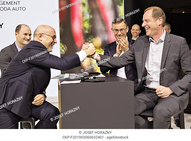 Skoda Auto CEO Bernhard Maier (left) and Tour de France director Christian Prudhomme signed a sponsorship contract up to 2023 during the 2019 Geneva...
