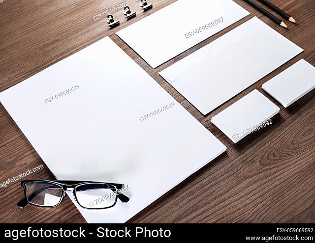 Blank stationery template on wood table background. Branding identity set. For graphic designers presentations and portfolios