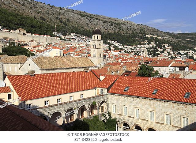 Croatia, Dubrovnik, skyline, elevated view, roofs, Franciscan Church