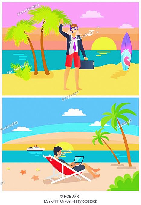 Summer job and seaside, people freelance on summertime beach, man wearing suit, diving mask, freelancers at workplace vector illustration