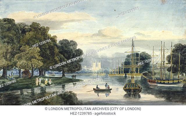 View of the flotilla on the Serpentine, Hyde Park, London, 1814. Depicts one of a series of naval battle re-enactments which took place in Hyde Park as part of...