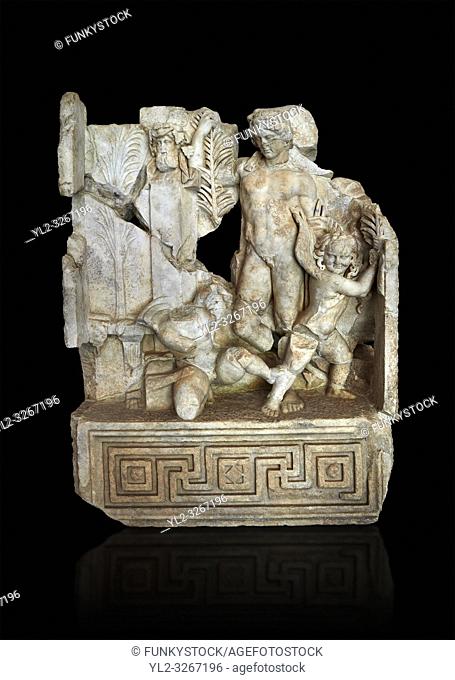 Roman Sebasteion relief sculpture of Agon Aphrodisias Museum, Aphrodisias, Turkey. Against a black background. . . The scene is an allegory of the athletic...