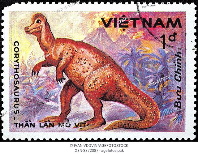 Corythosaurus, prehistoric fauna, postage stamp, Vietnam, 1984